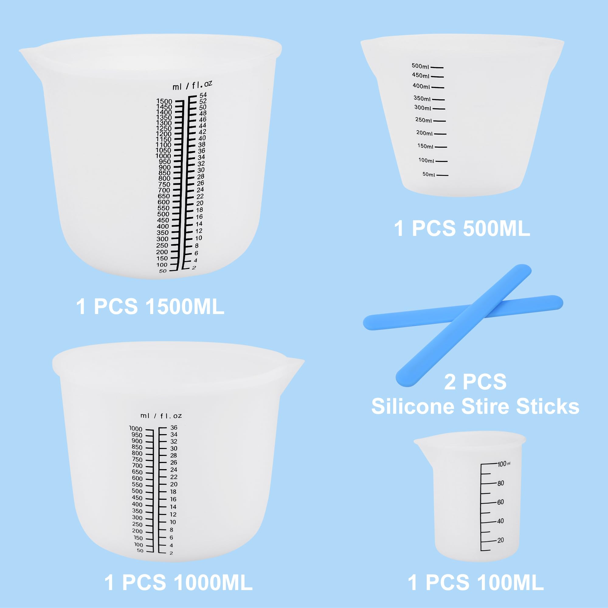 Lot de gobelets doseurs en silicone pour résine époxy, 1500 ml/1000 ml/500 ml/1000 ml, verre doseur en silicone, facile à nettoyer