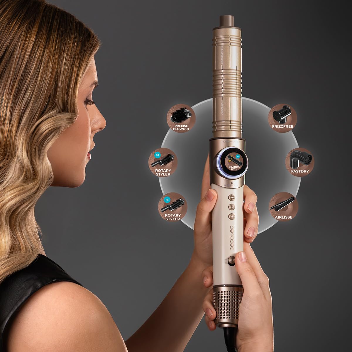 Cecotec Spazzola ad Aria Multistyler AirGlisse 8in1 Black. 1400W, Motore 110000 rpm, 8 Accessori, Coanda Tech 37 mm, Funzione Plasma Anti Crespo, Piastre Riscaldanti, Styling Professionale