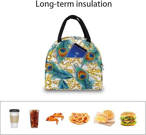 Miniatura 6 de Peacock Feather Lunch Tote Bag for Women Adult Men Gold Chains Insulated Lunch Box Small Leakproof Cute Lunchbox Cooler Bag Reusable Lunch Bag for