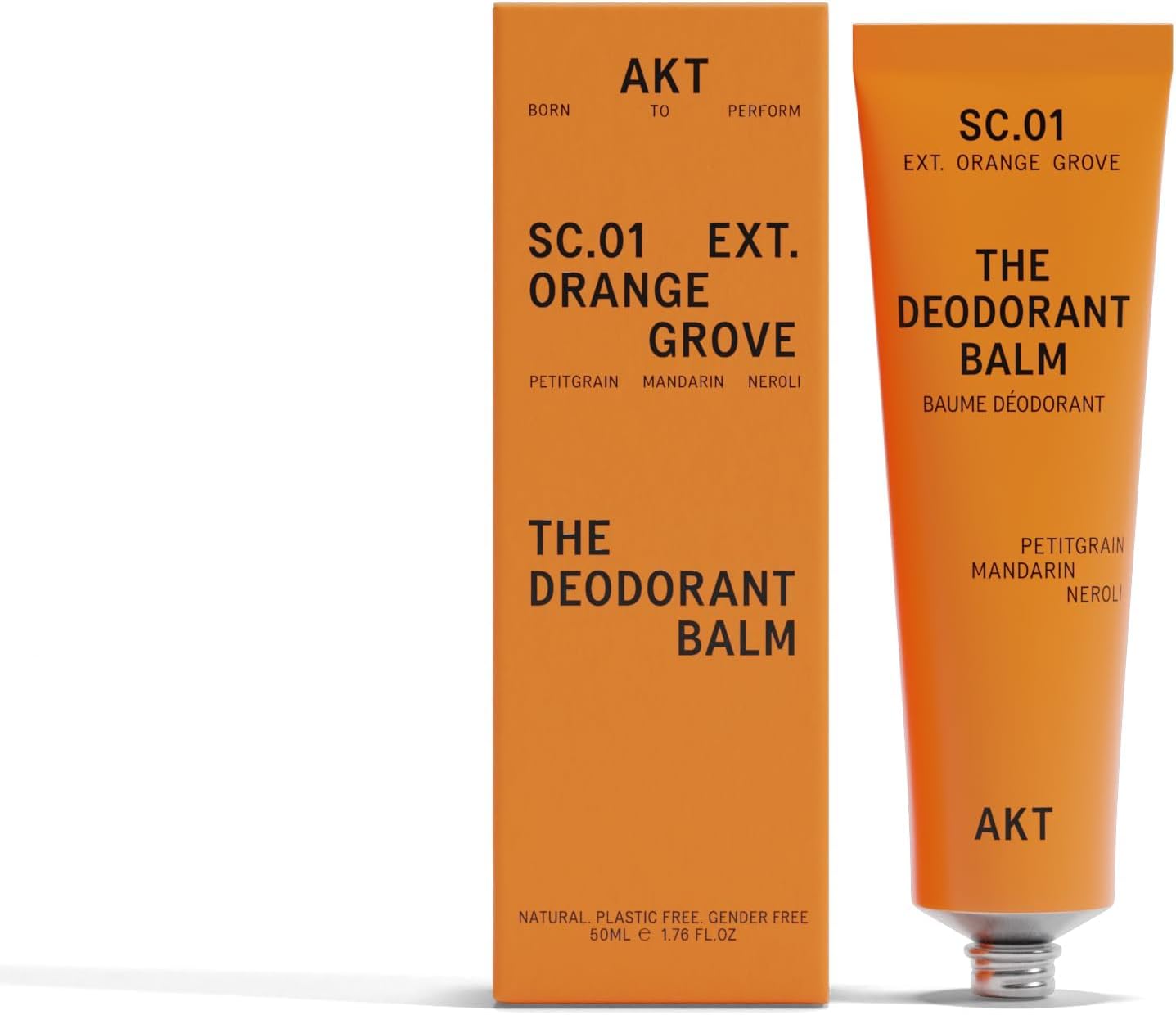 THE DEODORANT BALM. Award winning, multi-use, natural deodorant. Plastic Free. Gender Free. Aluminium Free. 100% effective — 1 tube lasts up to 3 months. SC.01 ORANGE GROVE. 50ml
