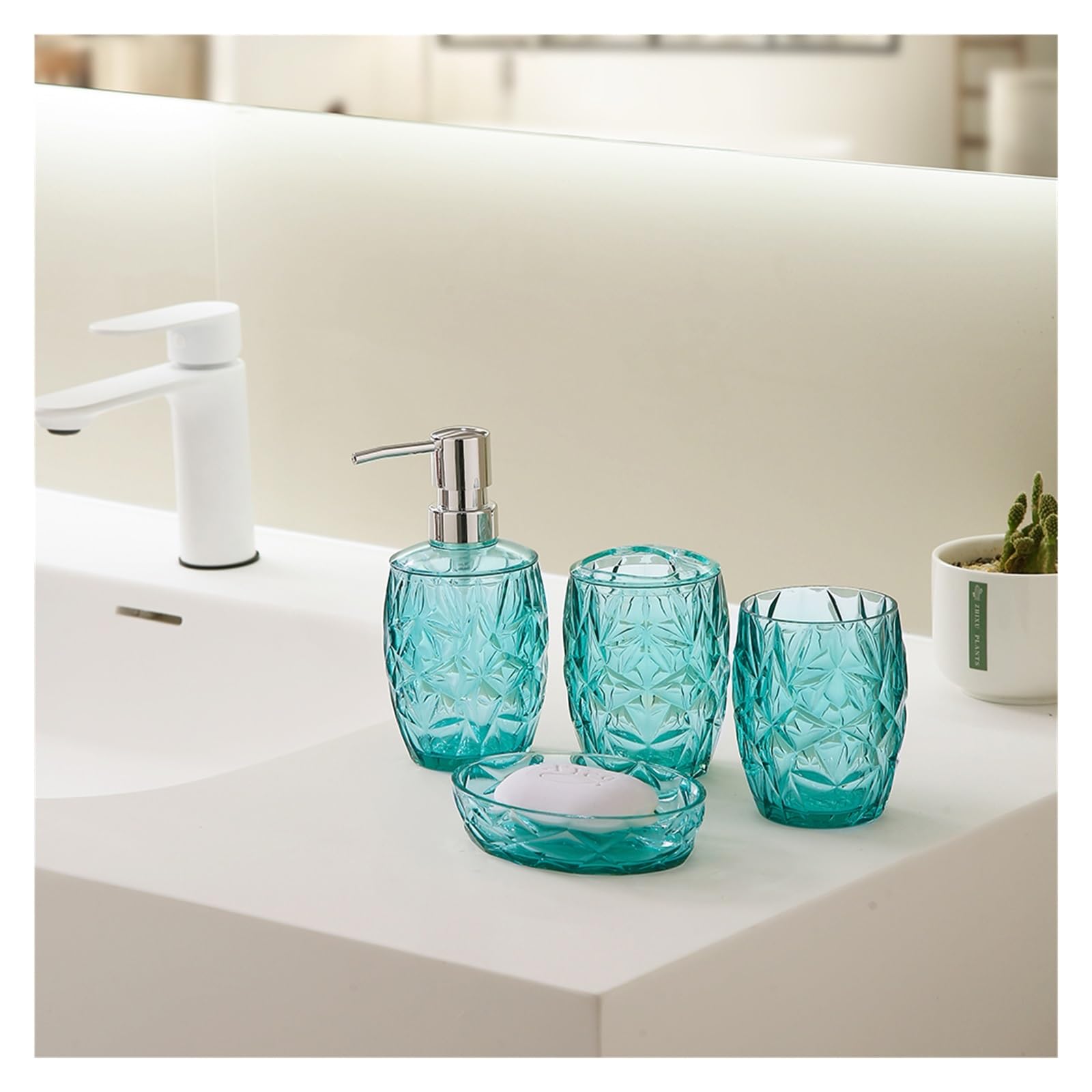 Set de Accesorios de Baño Juego de Accesorios de baño Transparente con dispensador de jabón, Soporte for Cepillo de Dientes, Taza y jabonera for encimeras de baño(Blue)