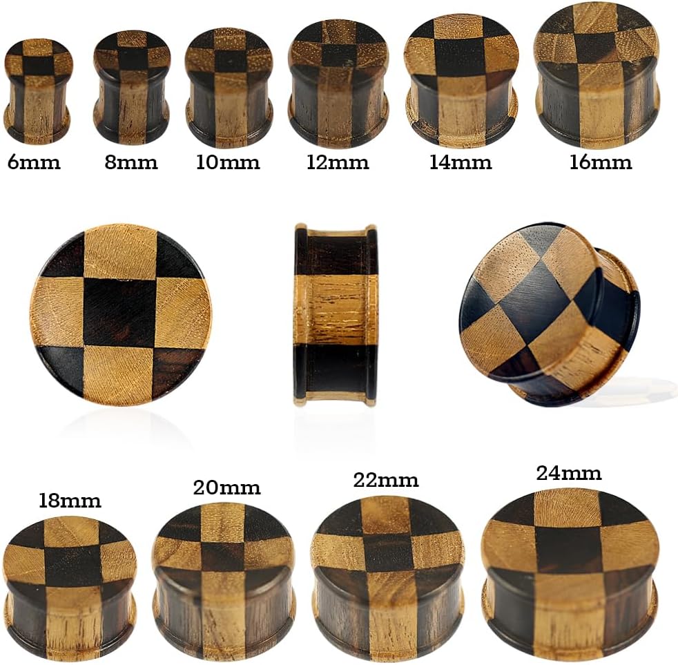 Checker Teak and Iron Natural Wood Double Flared Gauge Ear Stretcher Saddle Plug Body Piercing Jewelry