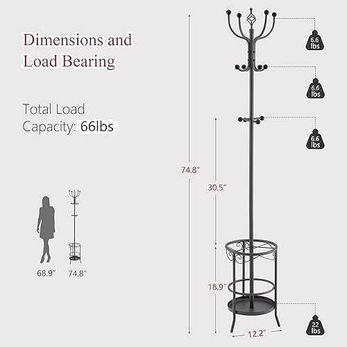 Miniatura 7 de Tajsoon Perchero con soporte para paraguas, perchero independiente con soporte para paraguas, perchero de entrada con 12 ganchos para sostener la