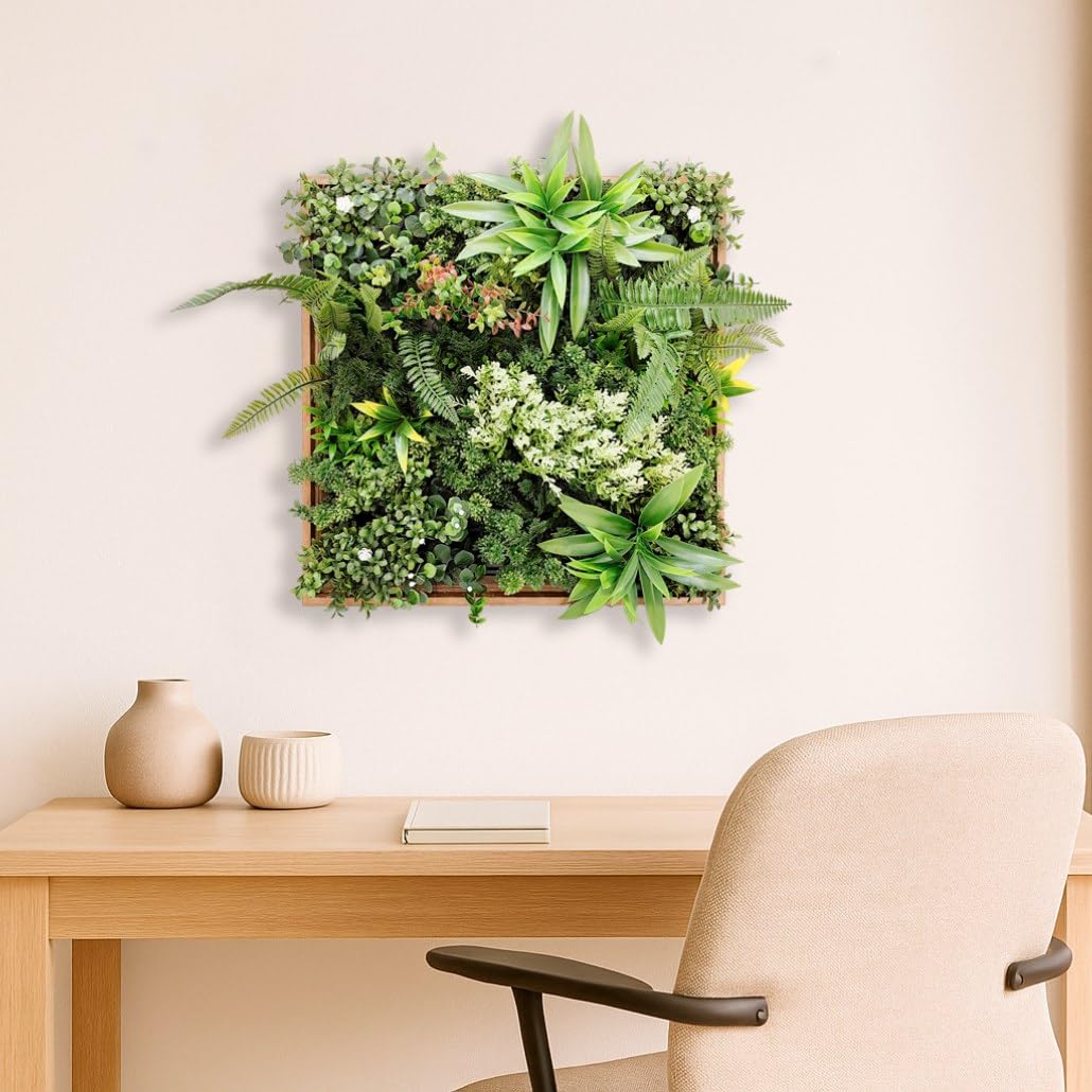 BONERVA Jardín Vertical Artificial Taormina con Marco de Madera Natural 50x50 cm Cuadro Vegetal Decorativo para Interior Estilo nórdico y contemporáneo sin Mantenimiento en oficinas y hoteles