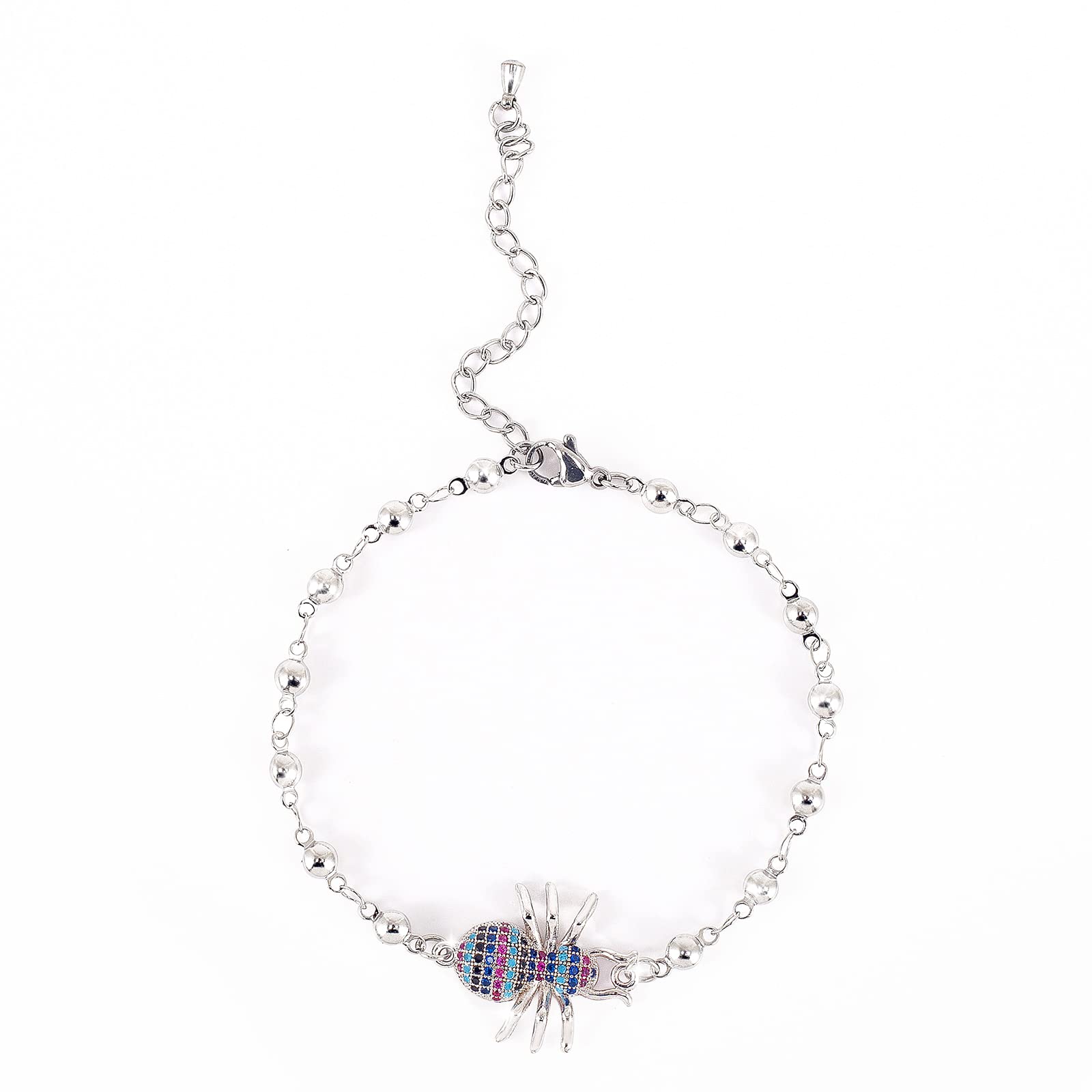 EFFAN 14K Silver Spider Charm Link Bracelet for Women Girls Boys, Adjustable Curb Chain Metal Bead Link Bracelet with Lobster Claw Clasp Sparkling Jewelry for Friends Lovers with Gift Pack