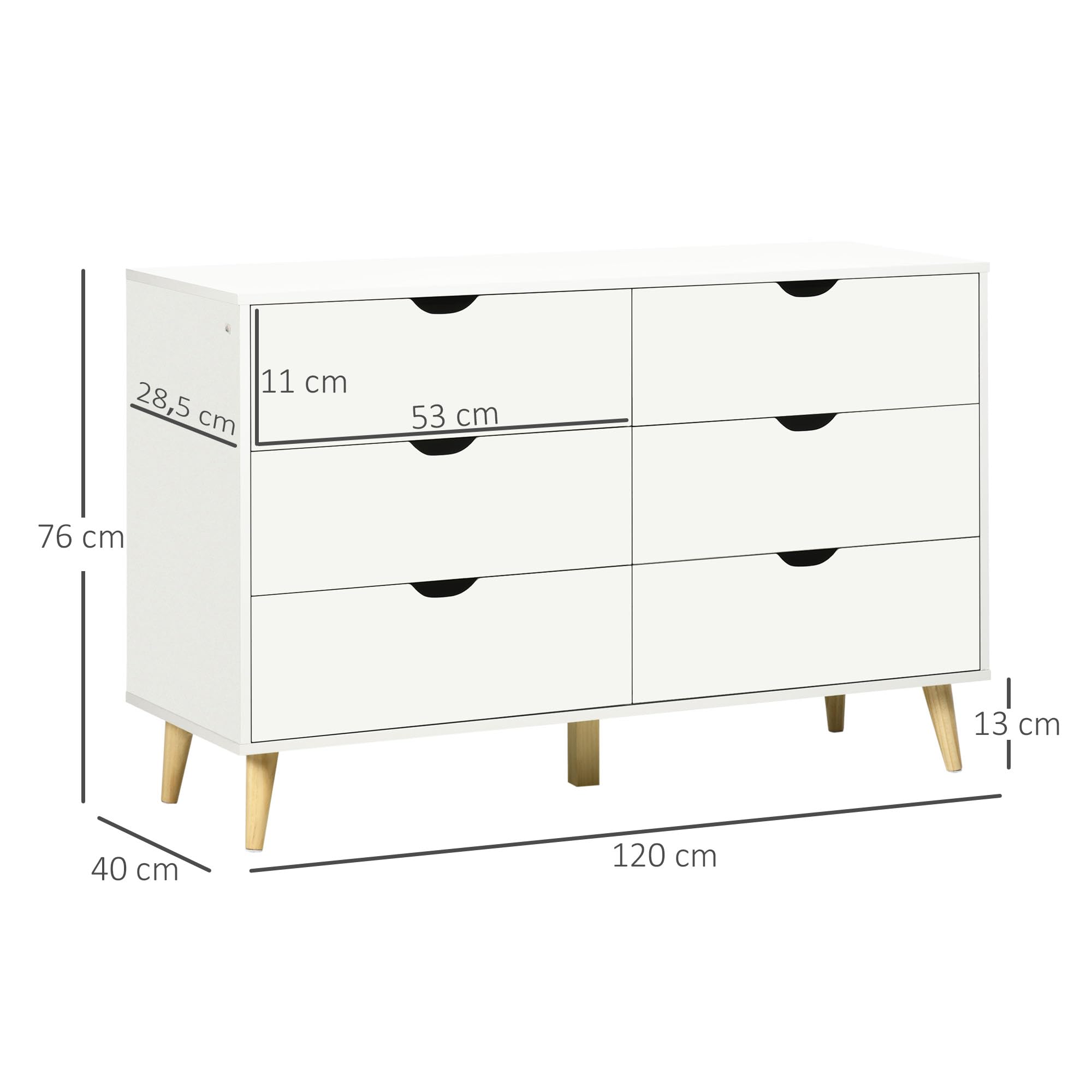 HOMCOM Commode 6 tiroirs Armoire avec tiroirs Meuble de Rangement Pieds en Bois Massif Style Moderne 120 x 40 x 76 cm Blanc