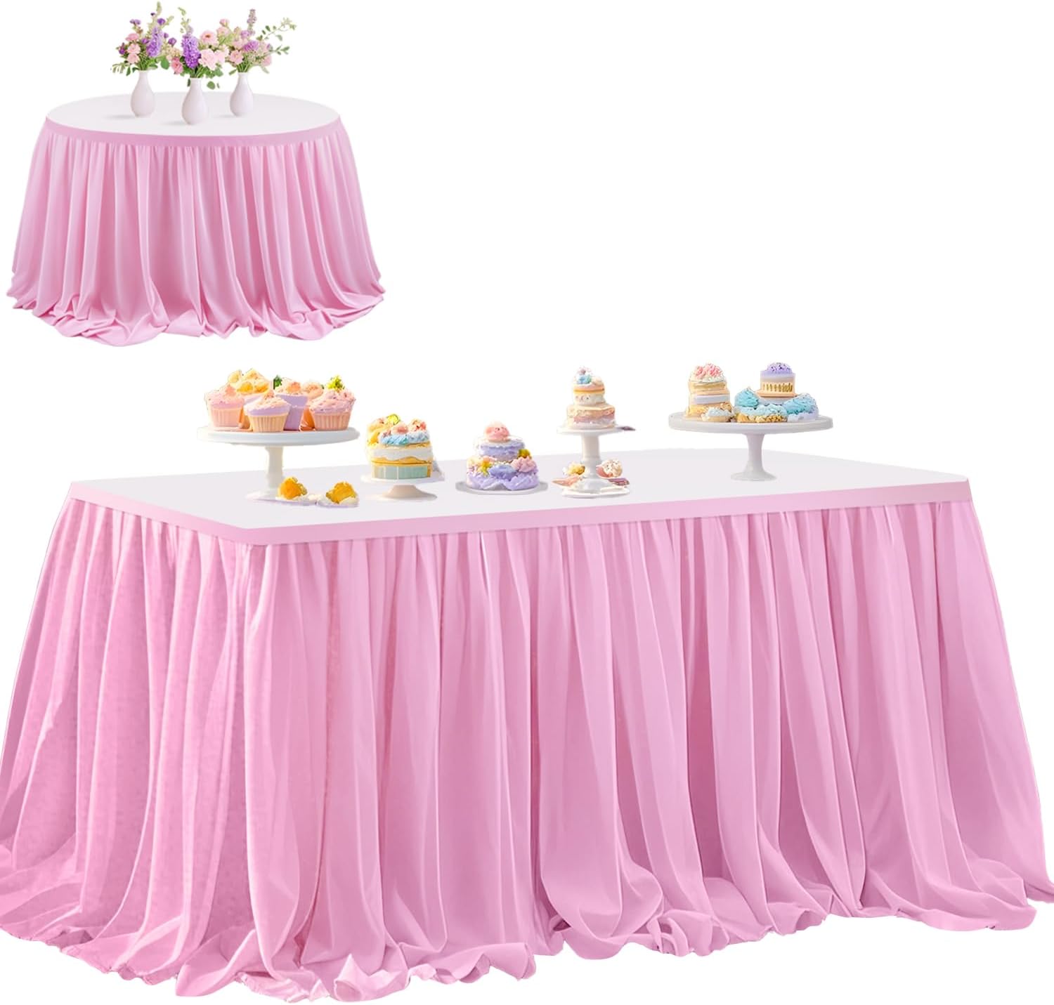 9ft Table Skirt Pink Chifffon Table Skirts Double Layer Table Cloth Skirt Ruffle Tulle Table Skirting Chiffon Table Cover Sheer Pleated Table Skirt for Wedding Birthday Party Baby Shower