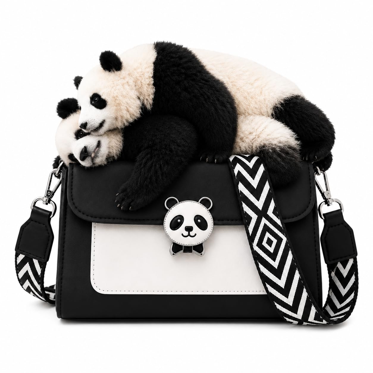 Panda Crossbody Bag with Plush Toy, Black & White Vegan Leather-image-45