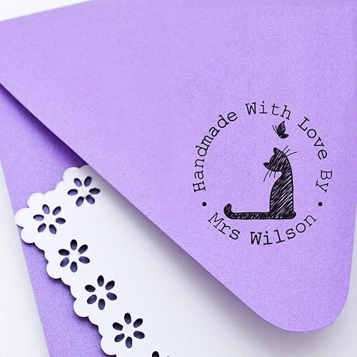 Miniatura 6 de Sellos de boda personalizados con diseño de gato y mariposa hechos a mano con amor por Stamp personalizable con autotinta, diámetro redondo de