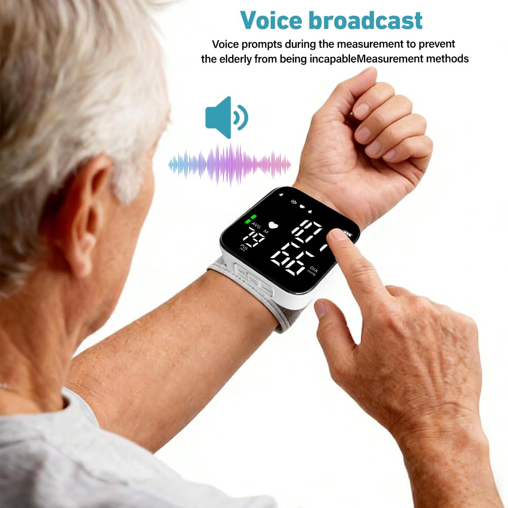 Tensiometro de Muñeca con Pantalla LCD, Tensiometro Muñeca con Aviso de Voz, Monitorización de Frecuencia Cardíaca, Carga USB Portátil, Brazalete Ajustable, Para el Hogar o de Viaje