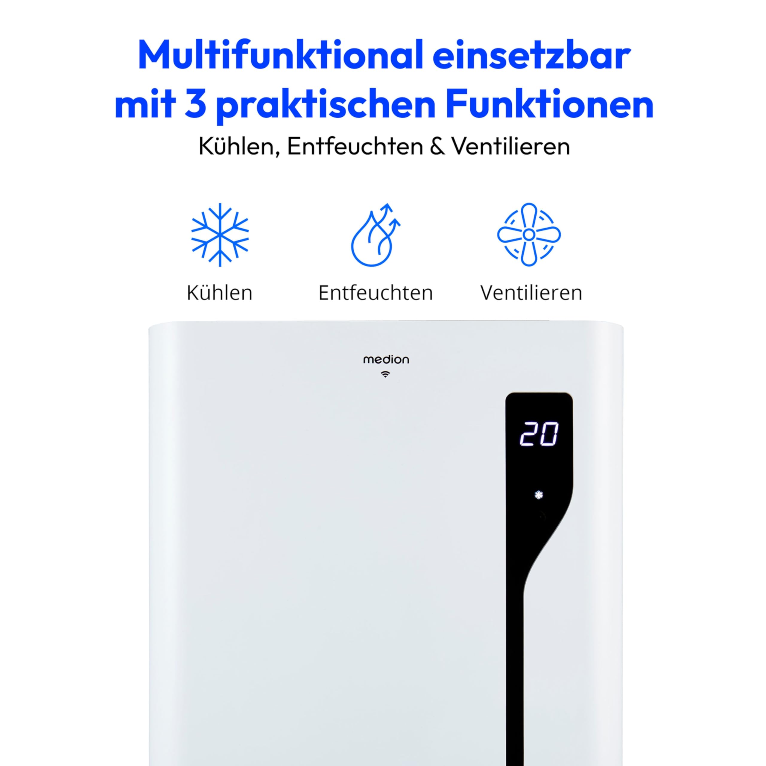 MEDION Smarte Mobile Klimaanlage mit Abluftschlauch P1200 (12000 BTU, mobil, inkl. Fensterabdichtung, bis 36m², 3in1 Kühlen Entfeuchten Ventilieren, App- und Sprachsteuerung, Schlafmodus, MD 37734)