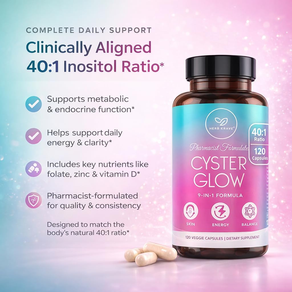 Cyster Glow 9-in-1 Women’s Inositol Complex – Myo & D-Chiro Inositol 40:1 – Pharmacist-Formulated Daily Wellness Support.