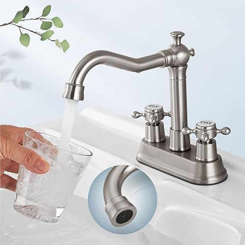 Miniatura 10 de Aolemi Grifo de lavabo de latón antiguo de 4 pulgadas, juego central de doble cruz con desagüe emergente, giratorio de 360 grados, vintage, montaje
