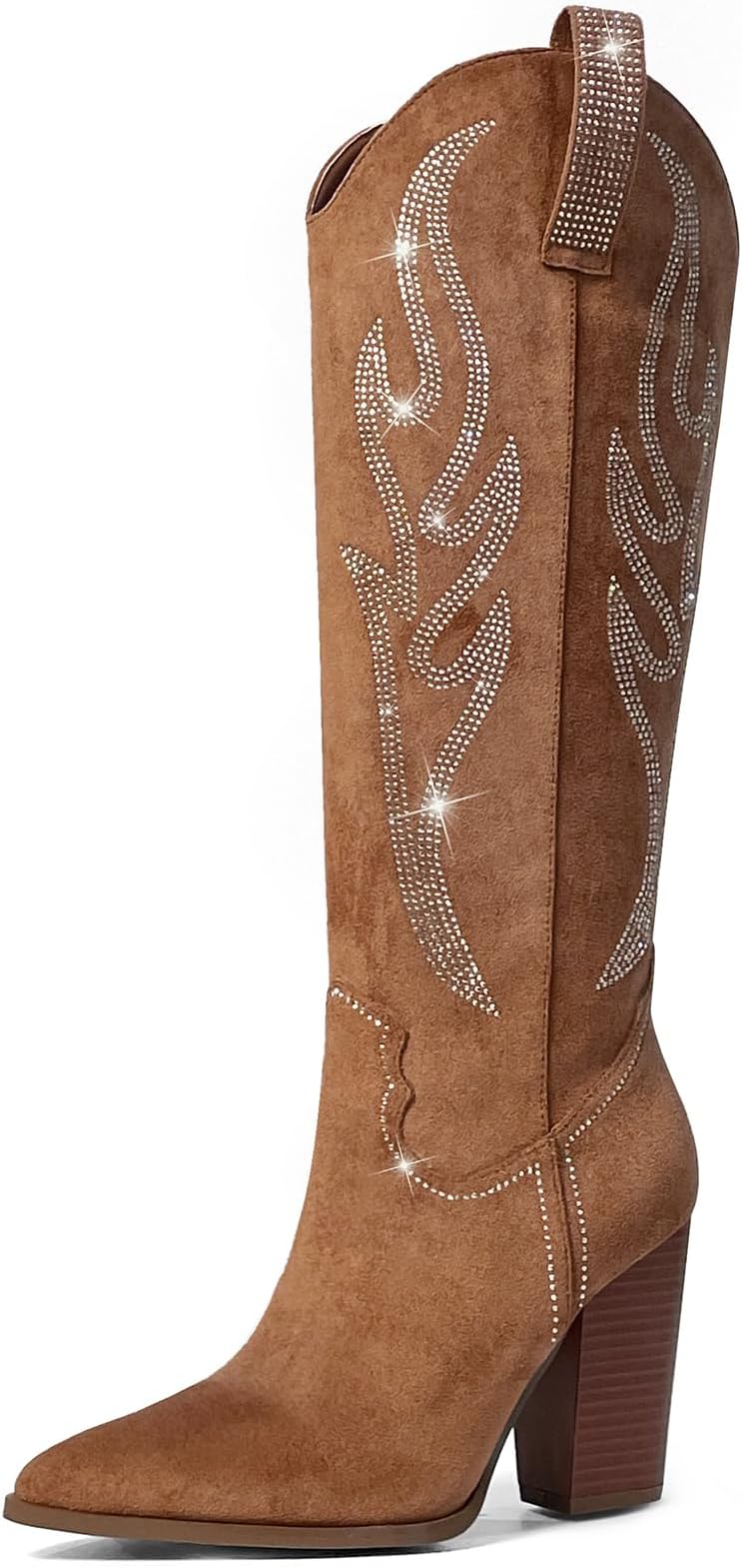 Celbreez Suede Knee High Boots for Women Rhinestones Embroidered Cowboy Boots Pointed Toe Chunky Heel Cowgirl Boots Side Zip Pull-On Western Boots
