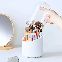 Porta Pincel GolsClin Giratório 360° com Tampa – Organizador de Maquiagem em Acrílico com 7 Divisórias | Protege da Poeira e Mantém Tudo Organizado