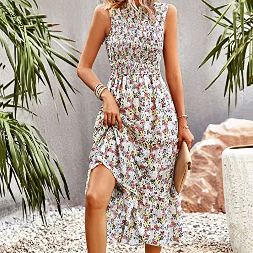 Image of YNIQUE Women's Dress 2023 Summer Casual Boho Dress Floral Print Ruffle Sleeveless High Waist Midi Beach Dresses