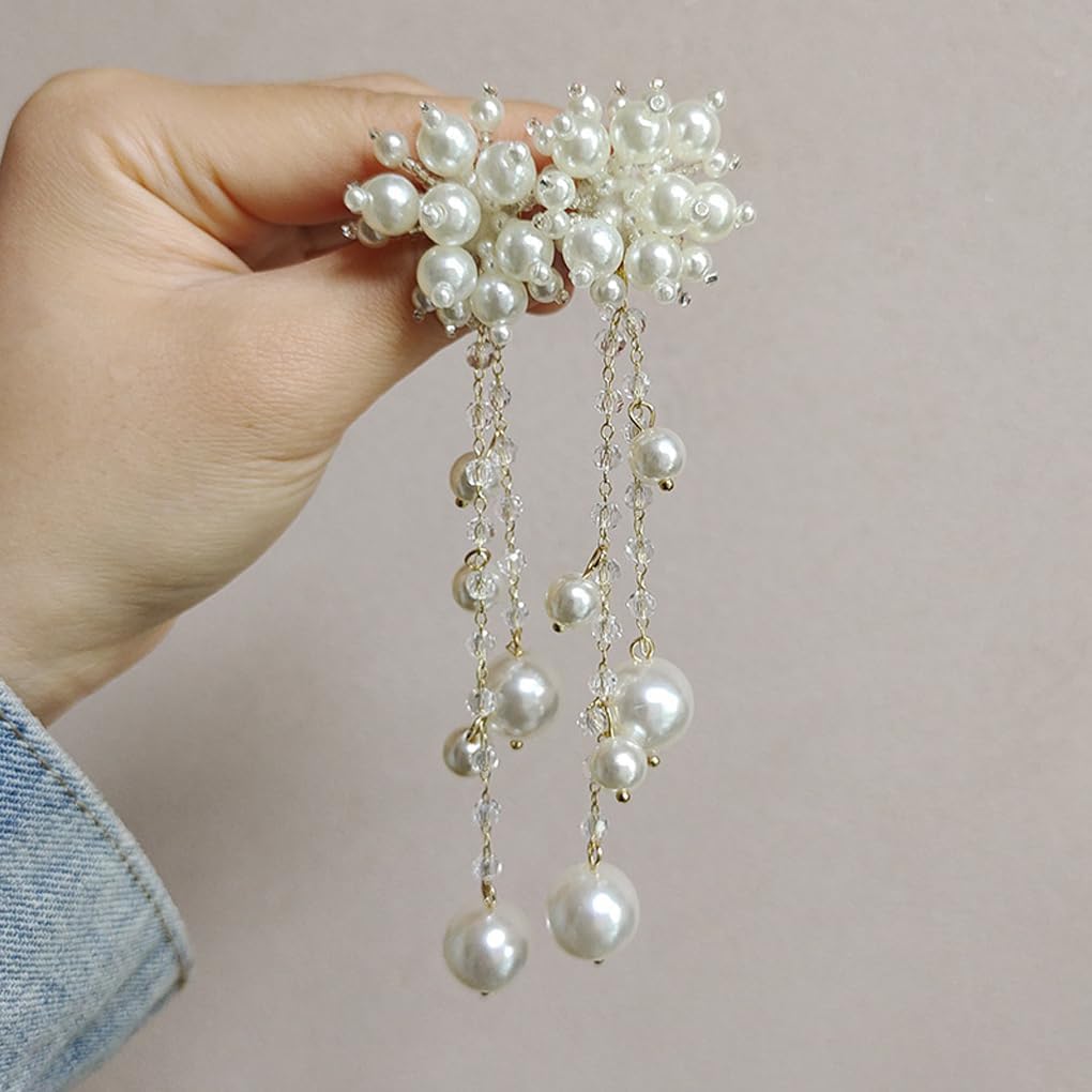White Pearl Cluster Long Tassel Drop Dangle Earrings for Women,Gentle Handmade Pearl Beaded Fringe Hanging Earrings,Charm Wedding Jewelry Gifts - Image 7