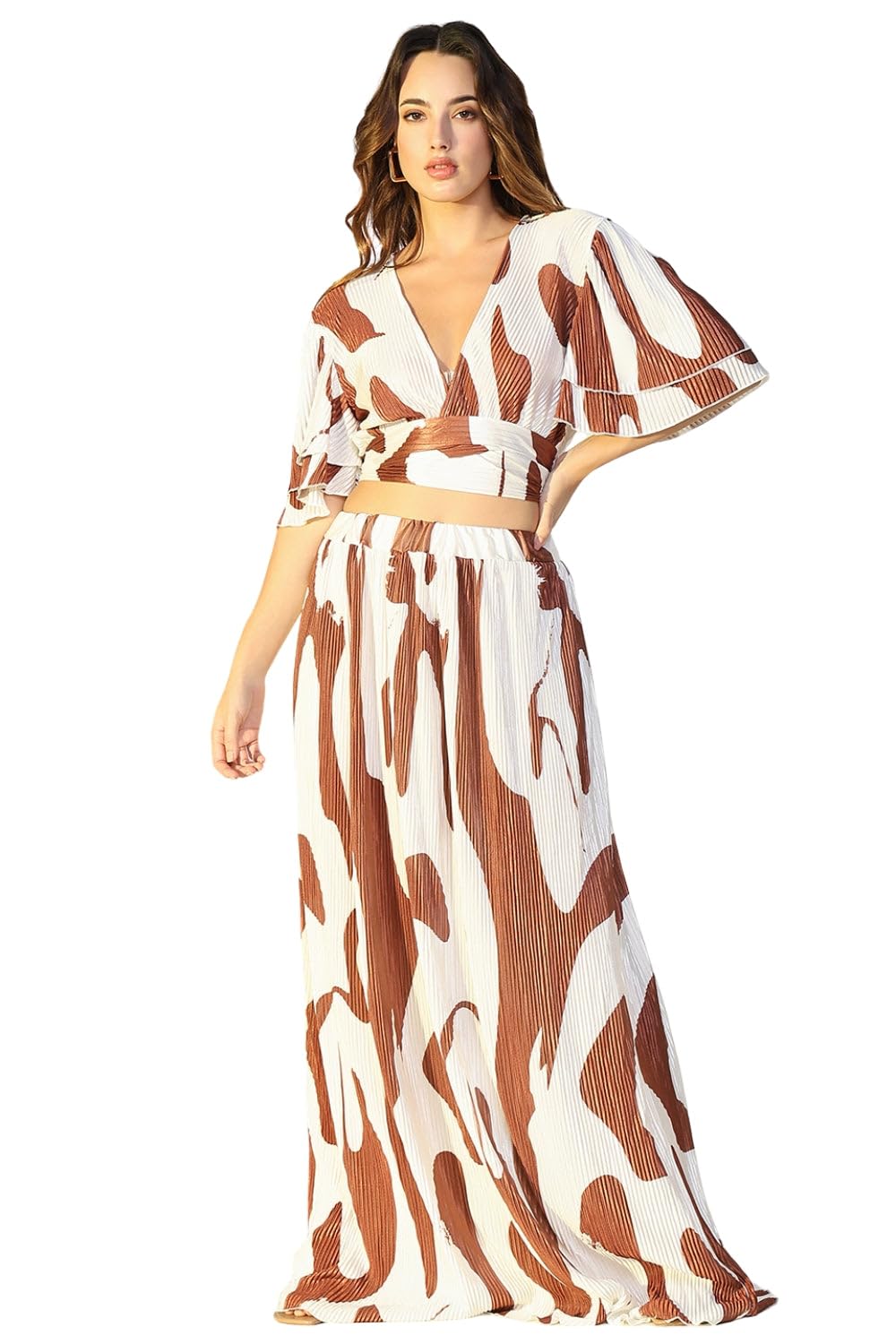 showoffff Edition Women's Brown Abstract Print V-Neck Top Co-Ords Set with Skirt-2338-1_Brown-P-picture-41