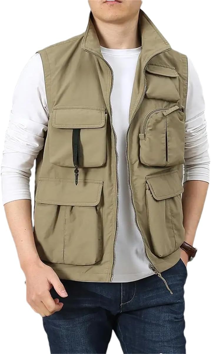Pulcykp Mens Summer Multi Pockets Mesh Vest Outdoor Camping Fishing Hunting Sleeveless Waistcoat Jackets