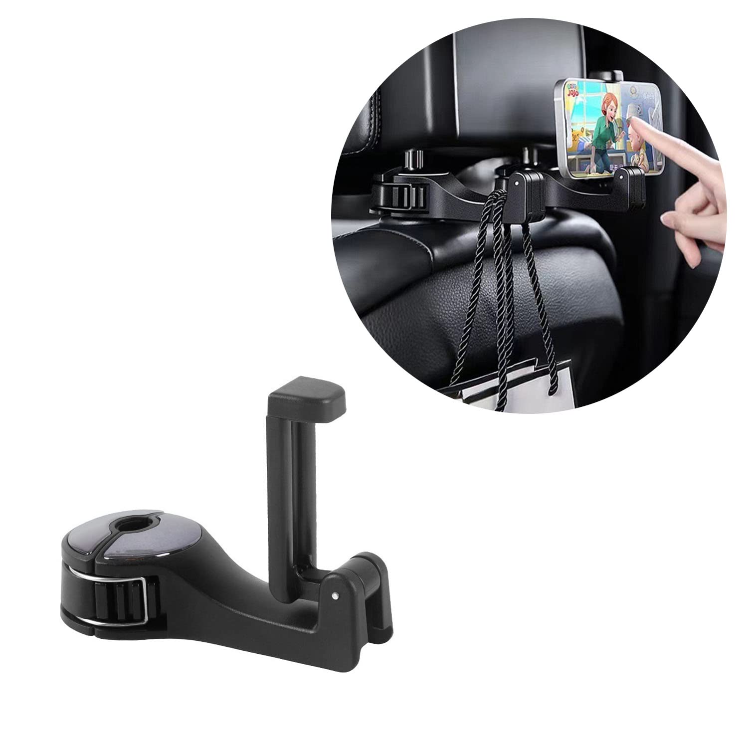 ViWaVee Kopfstützenhalterung Auto Haken mit Handyhalterung, 360° Heckhaken für Autositze für Tasche, Geldbörse, Stoff, Lebensmittel, Rücksitz Auto Organizer, Leicht zu Handhaben (Schwarz).