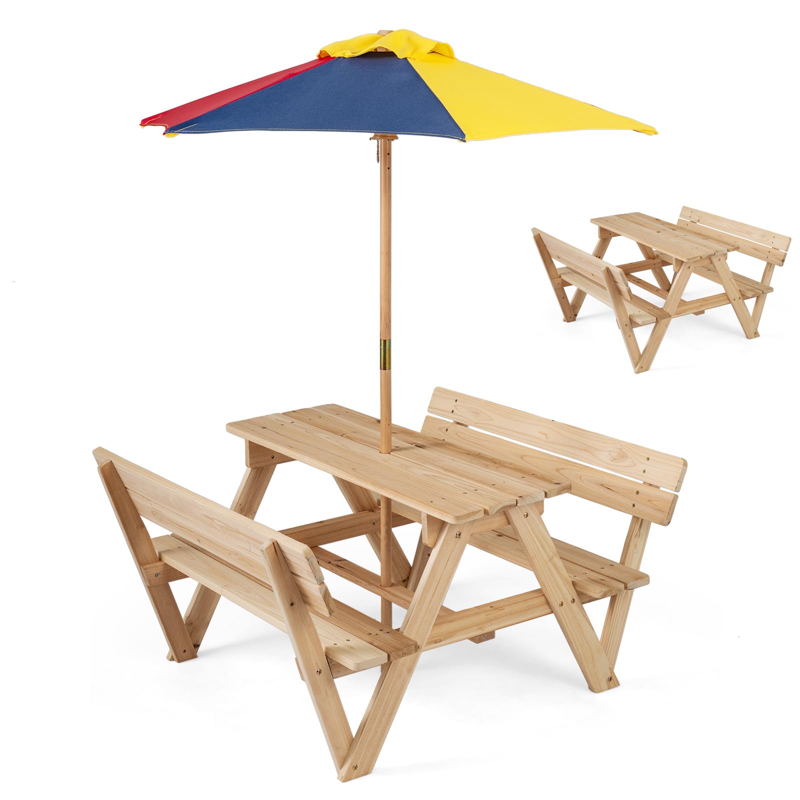 GOPLUS Table Pique-Nique Enfant en Bois avec Parasol Réglable et 2 Bancs à Dossier, Table Exterieur 4 Personnes pour Tout-Petit 3 à 8 Ans, Salon de Jardin Enfant pour Plage Pelouse Cour