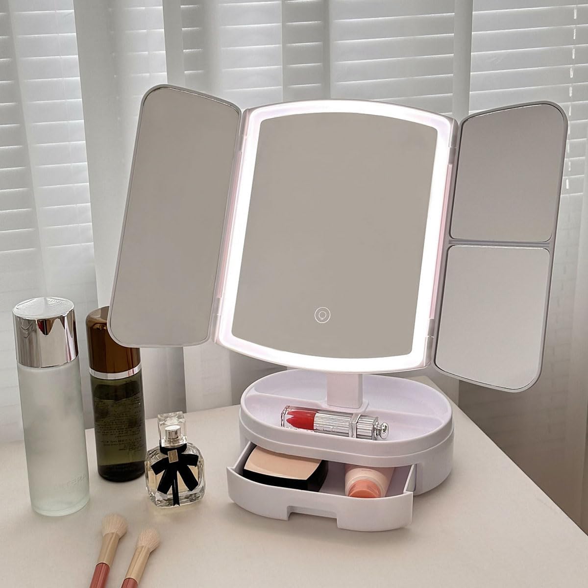 Makeup Mirror Vanity with Lights - 3 Color Lighting Modes Trifold Mirror, Magnification, Touch Control Design, Portable High Definition Cosmetic Lighted Up White-image-40
