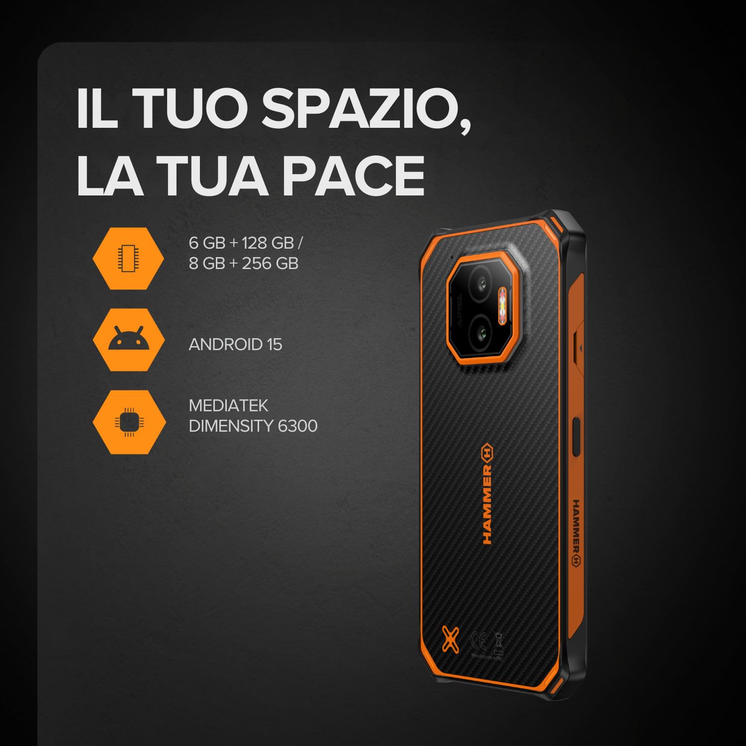 HAMMER ENERGY X2 5G Smartphone rugged Android 15, Telefono indistruttibile 6,1", IP69, 6 + 8 GB RAM, 128 GB di memoria, 5000 mAh, eSIM, garanzia 2 anni