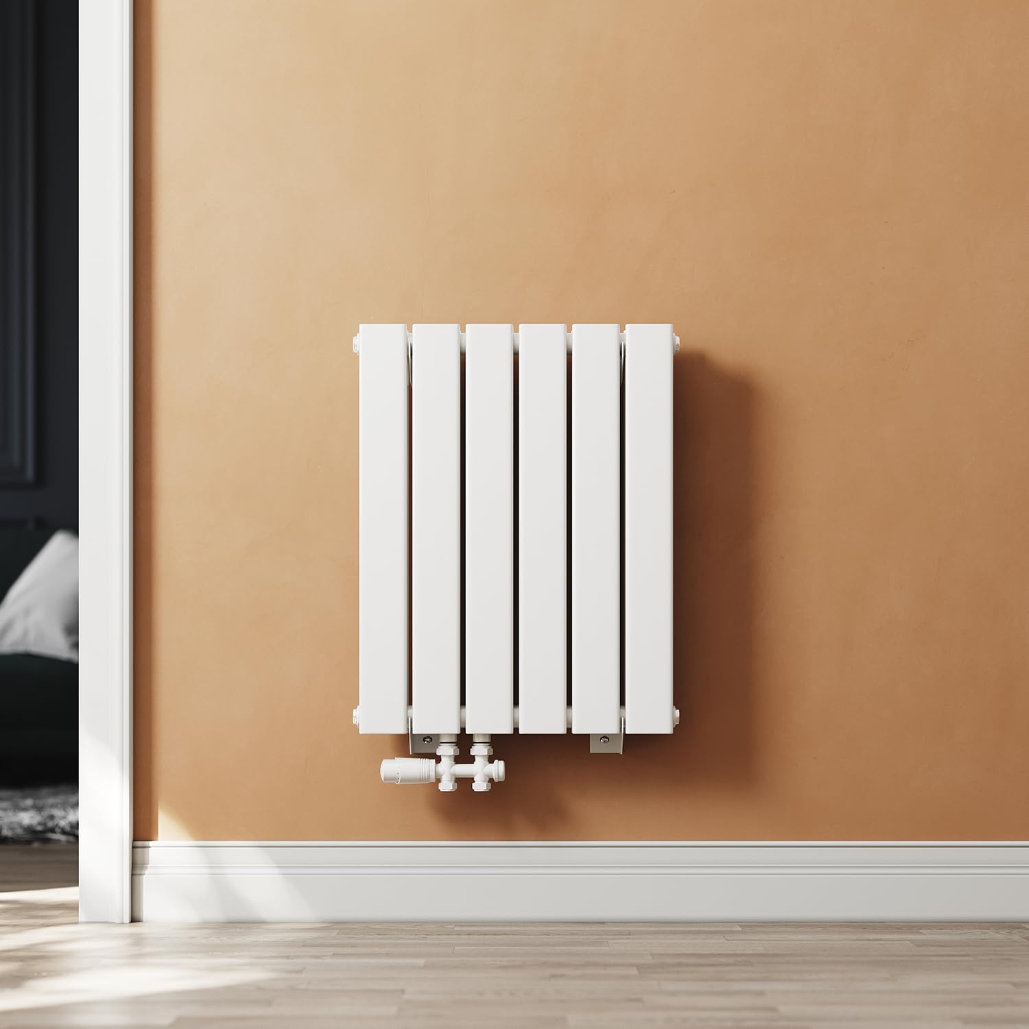 Scaldasalviette da bagno, piccolo, 600 x 465 mm, verticale, con connettore laterale, bianco, a doppio strato, con termostato bianco multiblocco