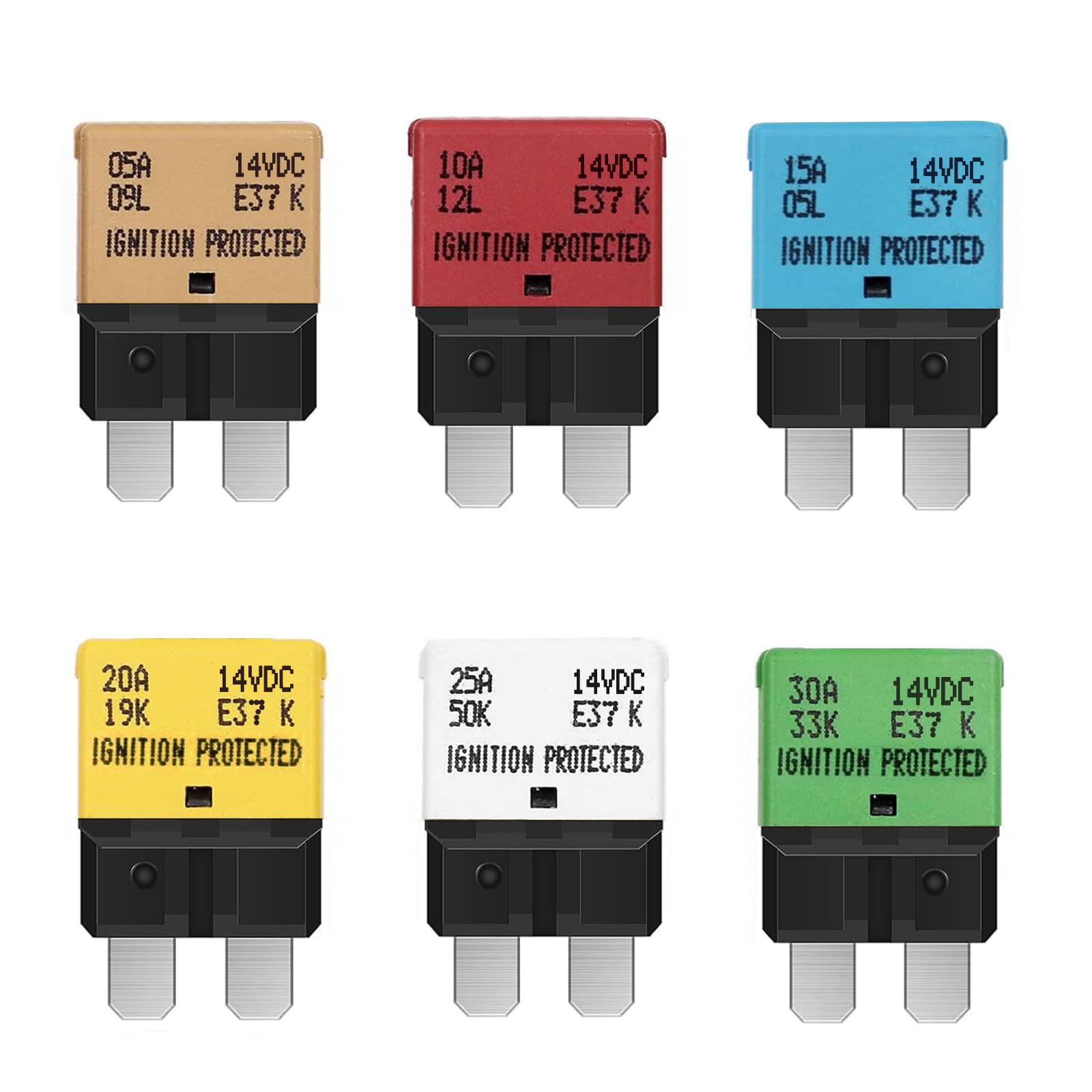 6 Stk Sicherungsautomat Auto Reset 14V DC, ATC ATO Low Profile Schutzschalter, 5A 10A 15A 20A 25A 30A Automatisches Leistungsschalter Zurücksetzen für Kfz Auto Wohnmobil Lkw Boot Motorrad,E37