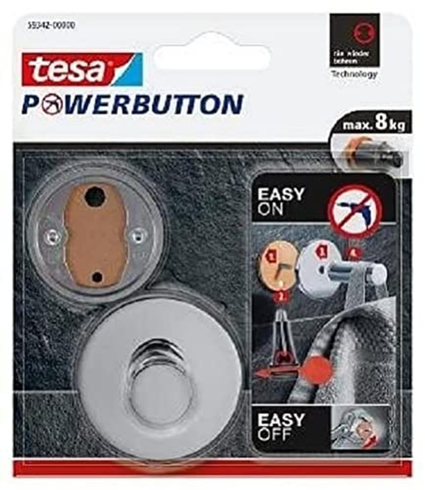 tesa Powerbutton Premium Self-Adhesive Hook - Round Chrome-Plated Metal Hook - Bathroom Towel Holder - Max Load 8 Kg