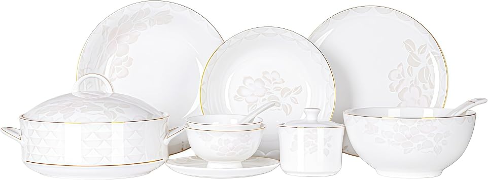 Fine Bone China Dinnerware Set,Porcelain&Ceramic Dinnerware Sets,Bone Stoneware&Ceramic Cookware Tableware Set Includes Dinner Plates|Spoons|Pasta Bowls|Soup Pot|Chopsticks 58PCS * 8-Person Set