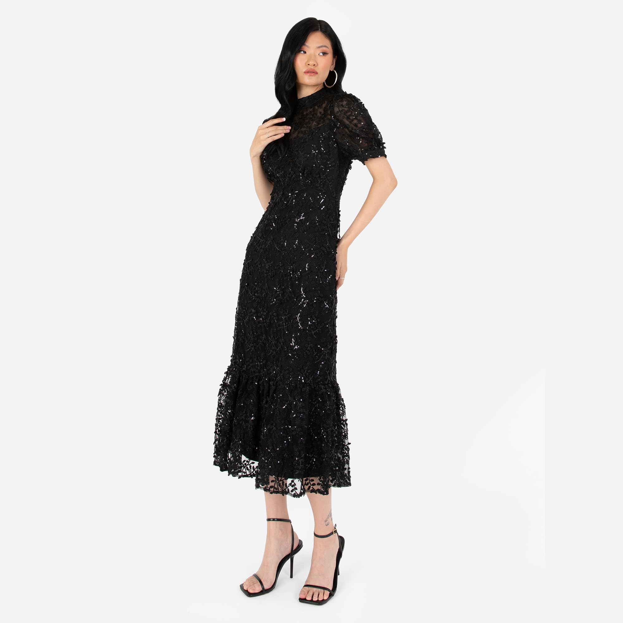 Maya Deluxe Women's Embroidered Dress for Ladies Sequin Embellished Midaxi Floral High Neck Wedding Guest Ball Evening Cocktail