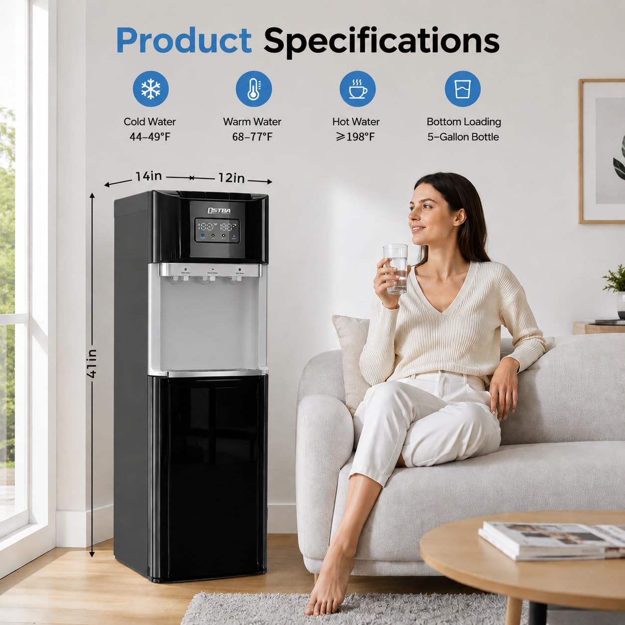 OSTBA Distributeur de refroidisseur d'eau à chargement par le bas pour bouteilles de 10 et 15 litres, eau chaude, froide et ambiante, affichage LED, verrouillage de sécurité enfant, distributeur d'eau