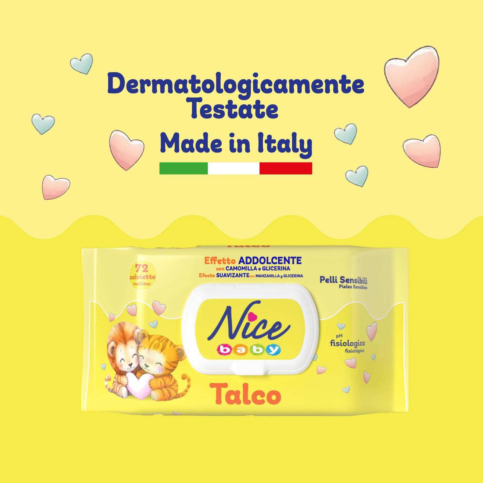 Nice - Lingettes nettoyantes pour enfants et nourrissons - Avec camomille et glycérine - Parfum doux au talc - Testé dermatologiquement - Format : 72 Lingettes -