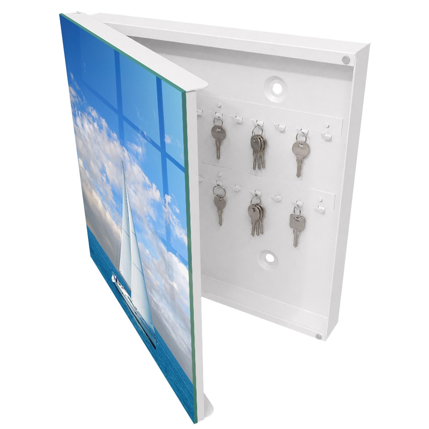 Armadietto Portachiavi 30x30 cm | Bianco | A Sinistra | Montaggio a Parete | Avventura in mare | Frontale Decorativo in Vetro Temperato | Tasselli e Viti Inclusi | in Metallo | per Uffici
