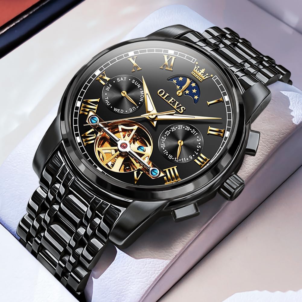OLEVS Men Watch Automatic Mechanical Skeleton Moon Phase Dress Business Stainless Steel 3AT Waterproof Luminous Men Wrist Watch - Image 5