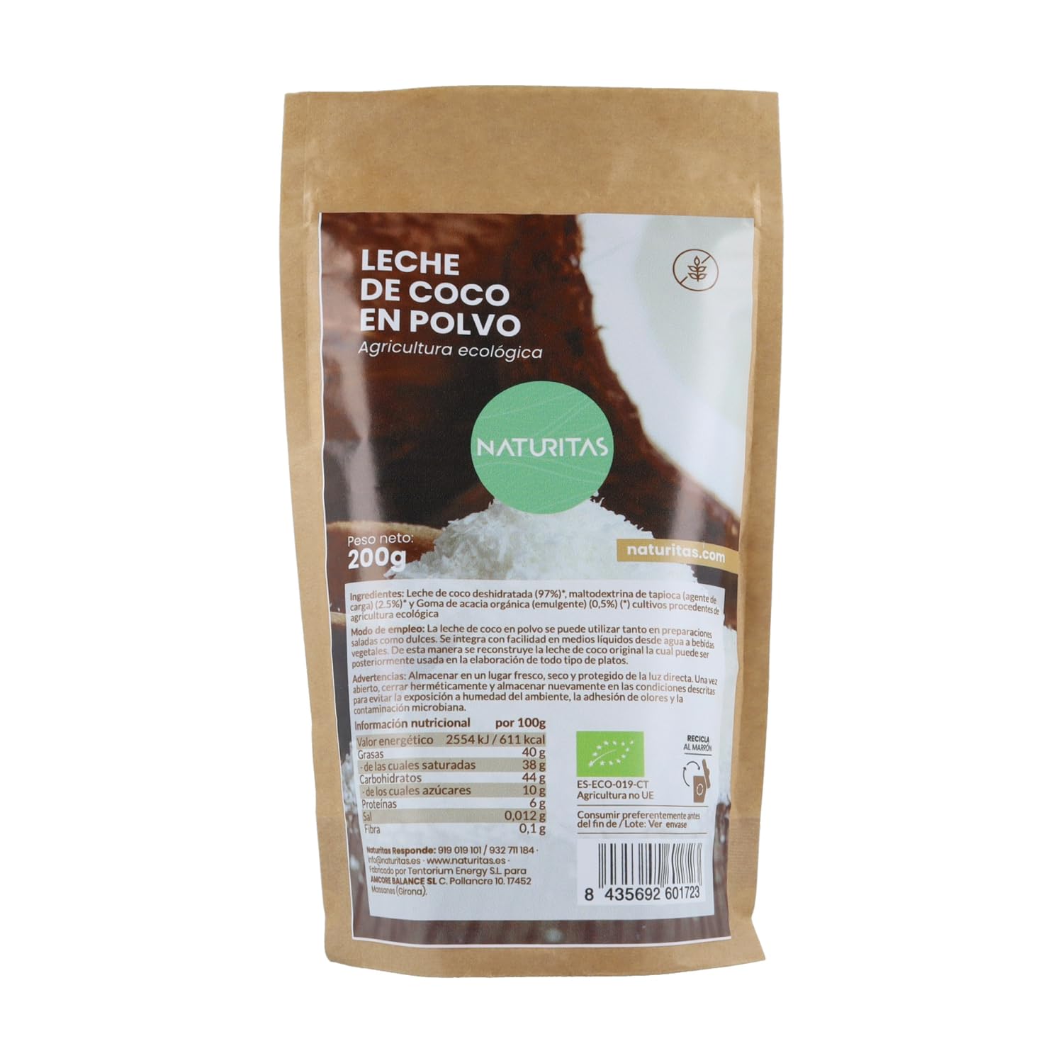 Leche de coco en polvo Eco Bio 200 g de polvo Naturitas Essentials | Agricultura ecológica | Sin gluten