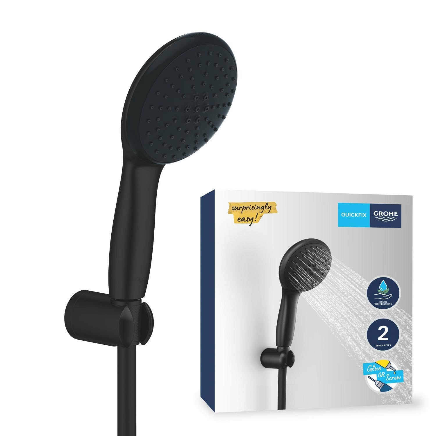 GROHE Vitalio Start 110 Juego de soporte de pared (alcachofa de ducha 2 chorros, flexo 1750mm, antical) redondo negro mate 279502431