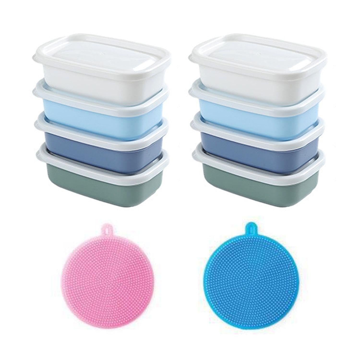Eowvisn White 8 Rectangular Crisper Boxes And 2 Silicone Brushes, 110Ml Plastic Lunch Box, Reusable Food Sealing Box, Kitchen Supplies, Tableware Cleaning Brush
