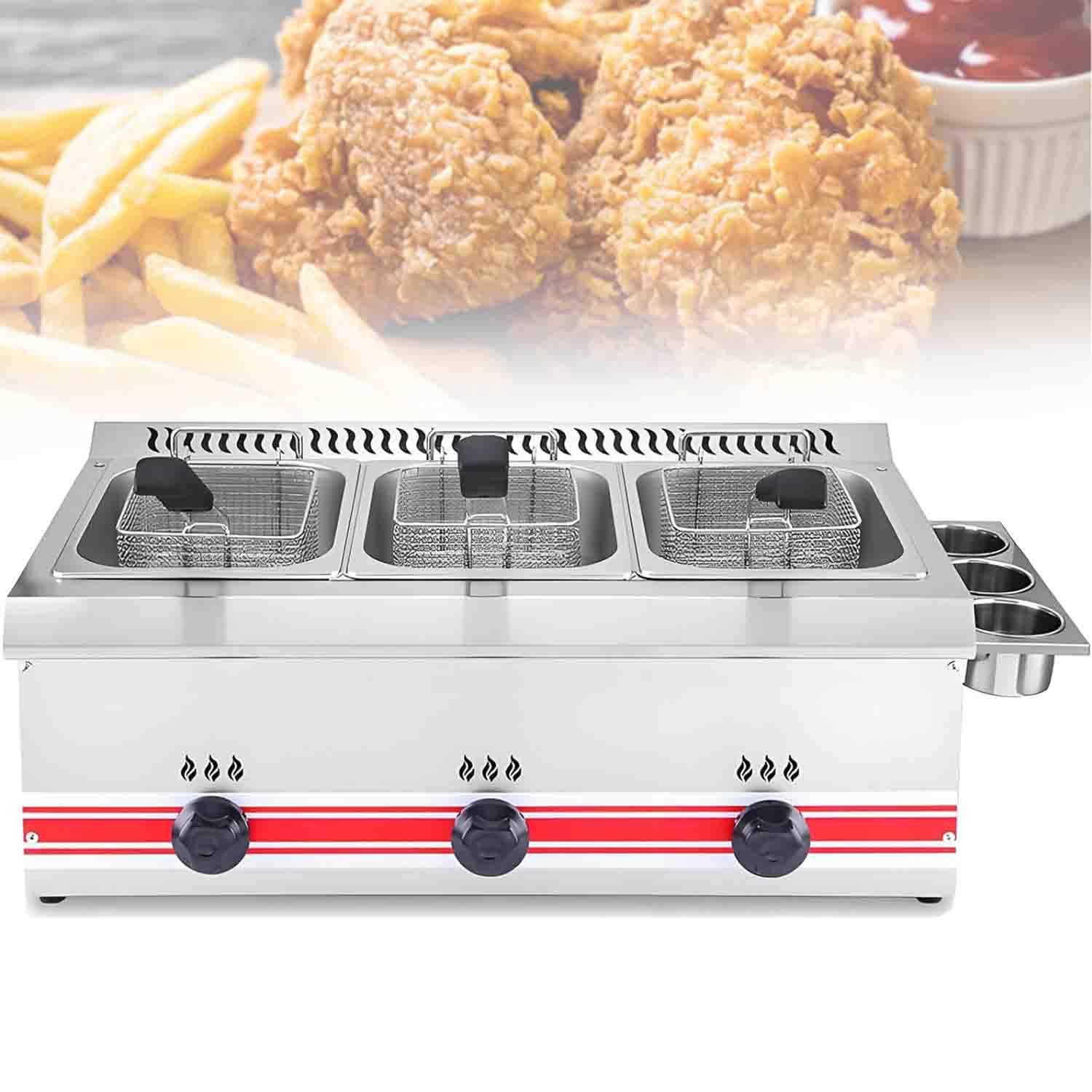 Friggitrice a Gas di Grande capacità in Acciaio Inox Indipendente con cestelli, coperchi e Controllo della Temperatura per la frittura di Pollo, Patatine Fritte, Ciambelle e Pesce. 30L