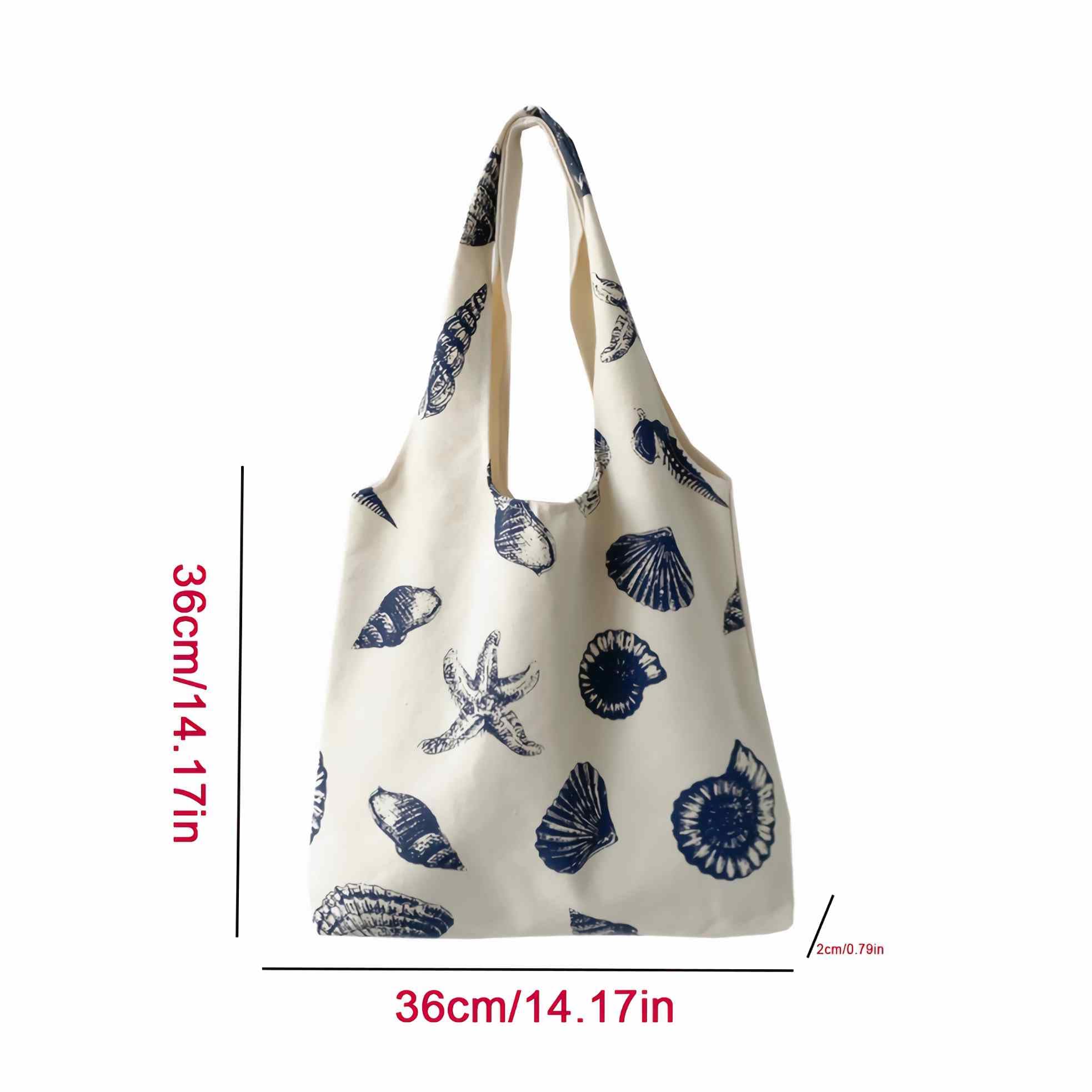 Beach Inspired Canvas Tote Bag For Women, Nautical Seashell And Starfish Print, Casual Shoulder Bag Aesthetic, Cute Small Book Tote, Portable Washable For Women Grocery Shopping Gift For Birthday Day