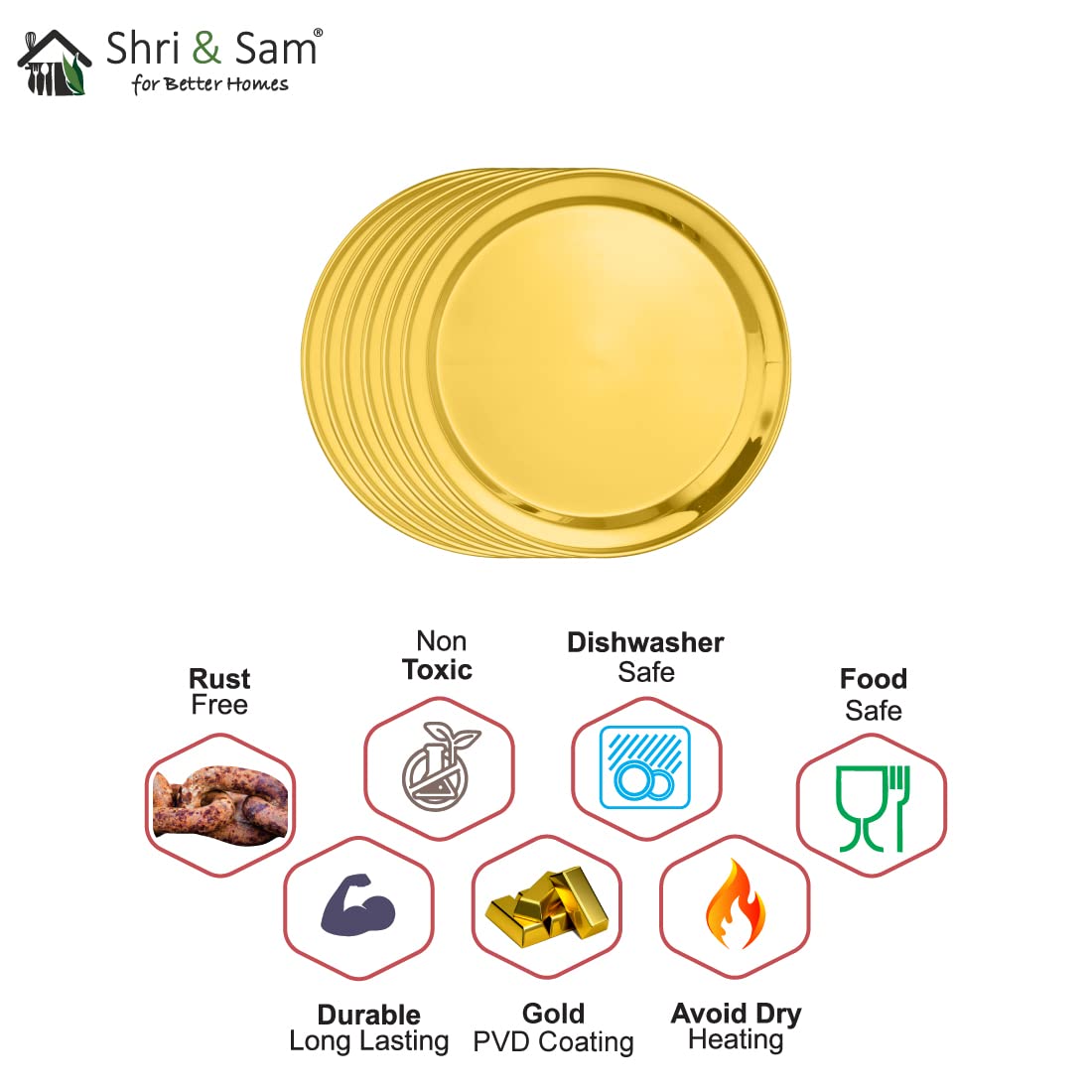Shri & Sam Stainless Steel Gold Side Plate with PVD Coating, Majestic, 6 Pieces - Image 4 thumbnail