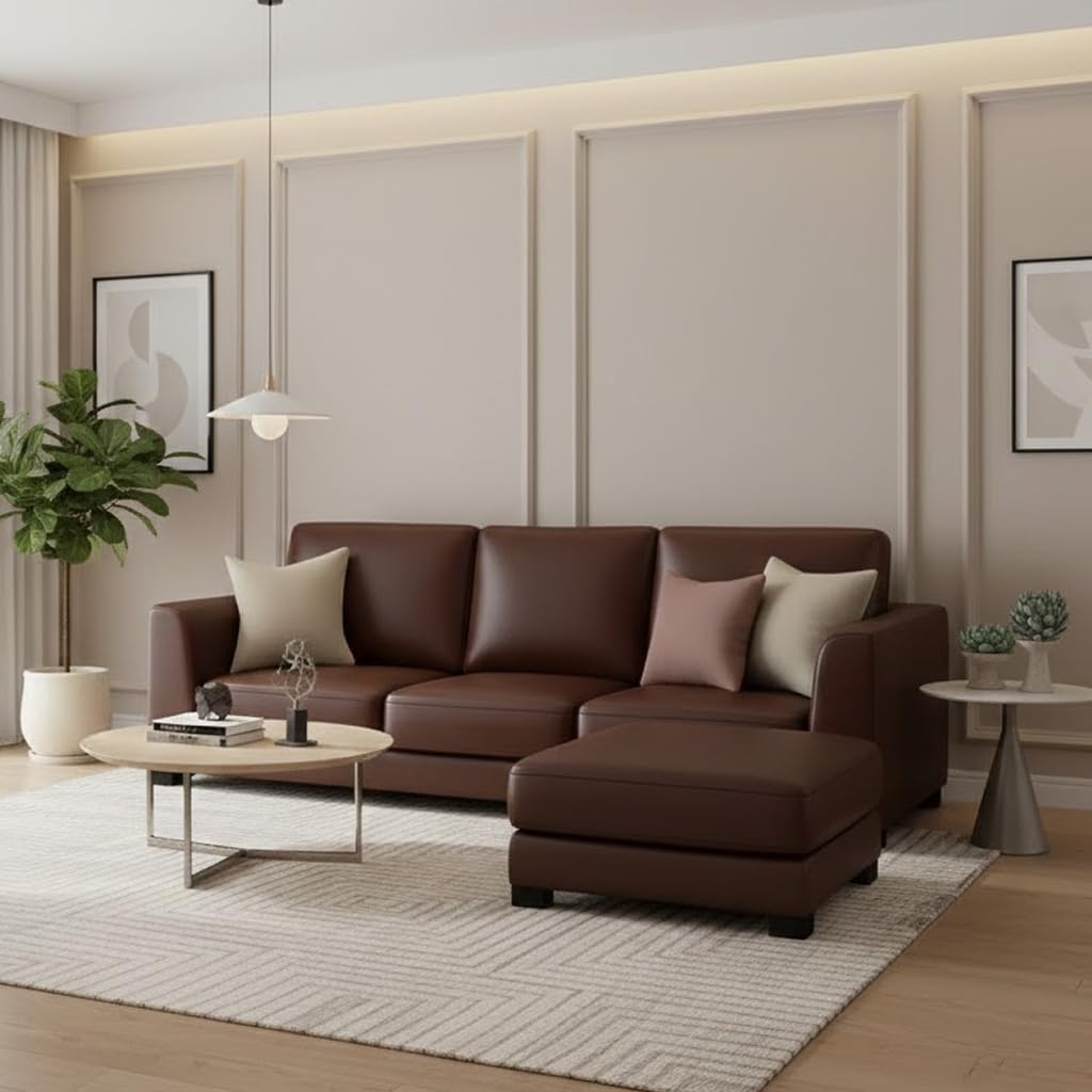 Revona 3 Seater Premium Leatherette Sofa Set with Ottoman (Dark Brown) Ultra Soft Finish | Ideal for Living Room, Offices