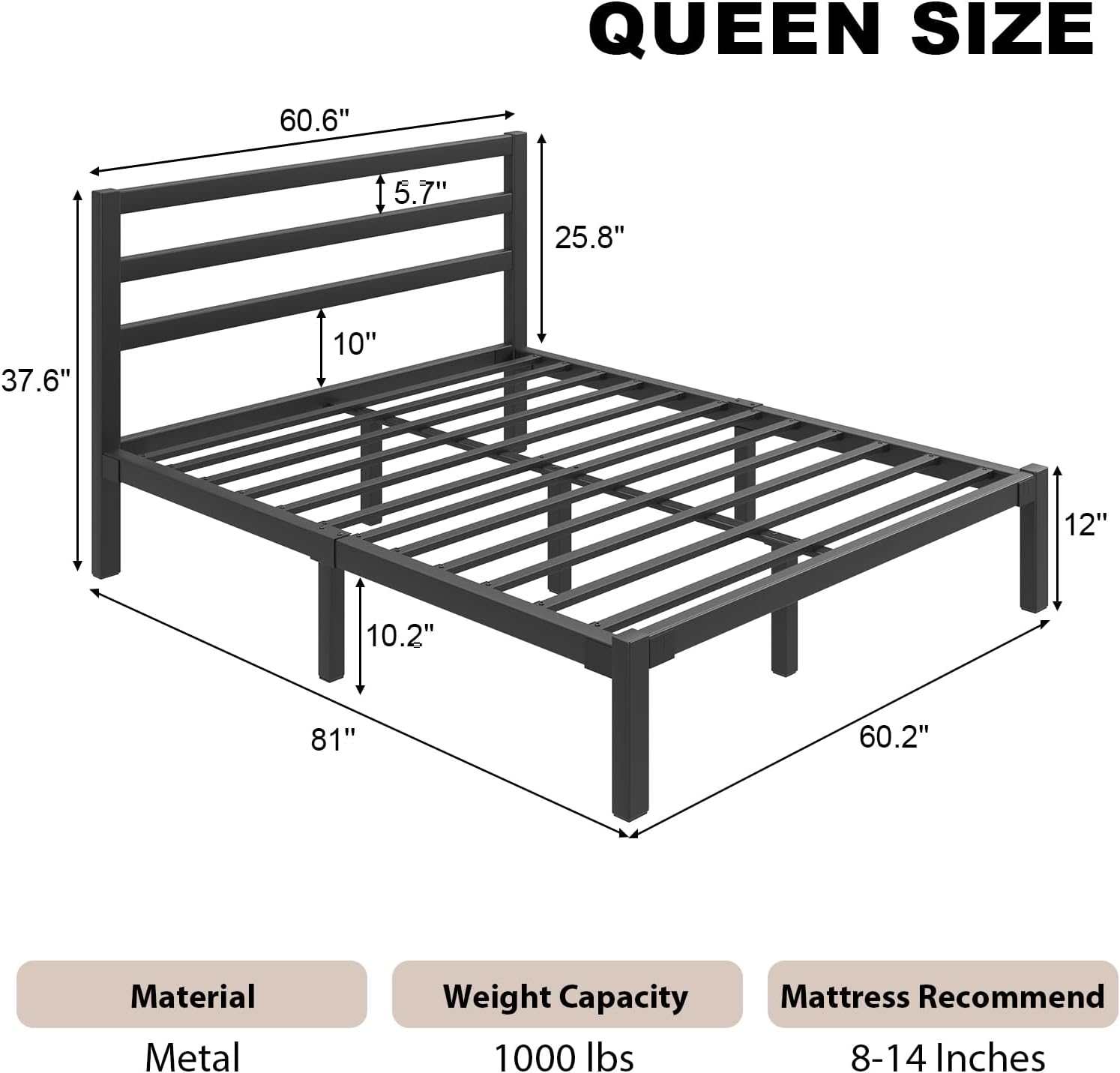 Queen Size Bed Frame, Metal Platform Bed Frame with Headboard and Footboard, Underbed Storage Space, No Box Spring Needed, Easy Assembly,Black - Image 2