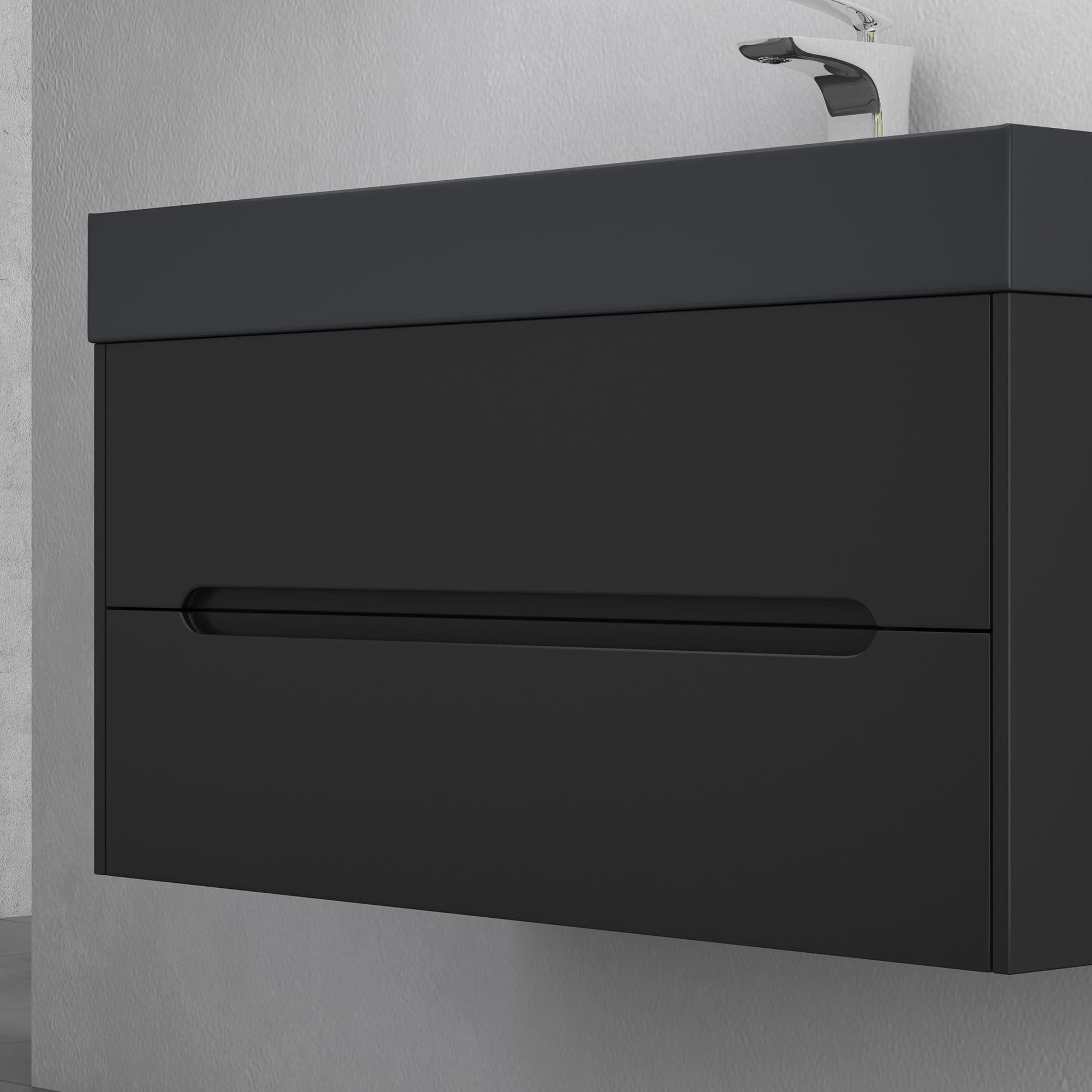 doporro Mobile Bagno Sospeso 80 cm con Lavabo in Marmoresina e Specchio LED – Finitura Nero Opaco, Cassetti a Chiusura Rallentata, Serie Yoga