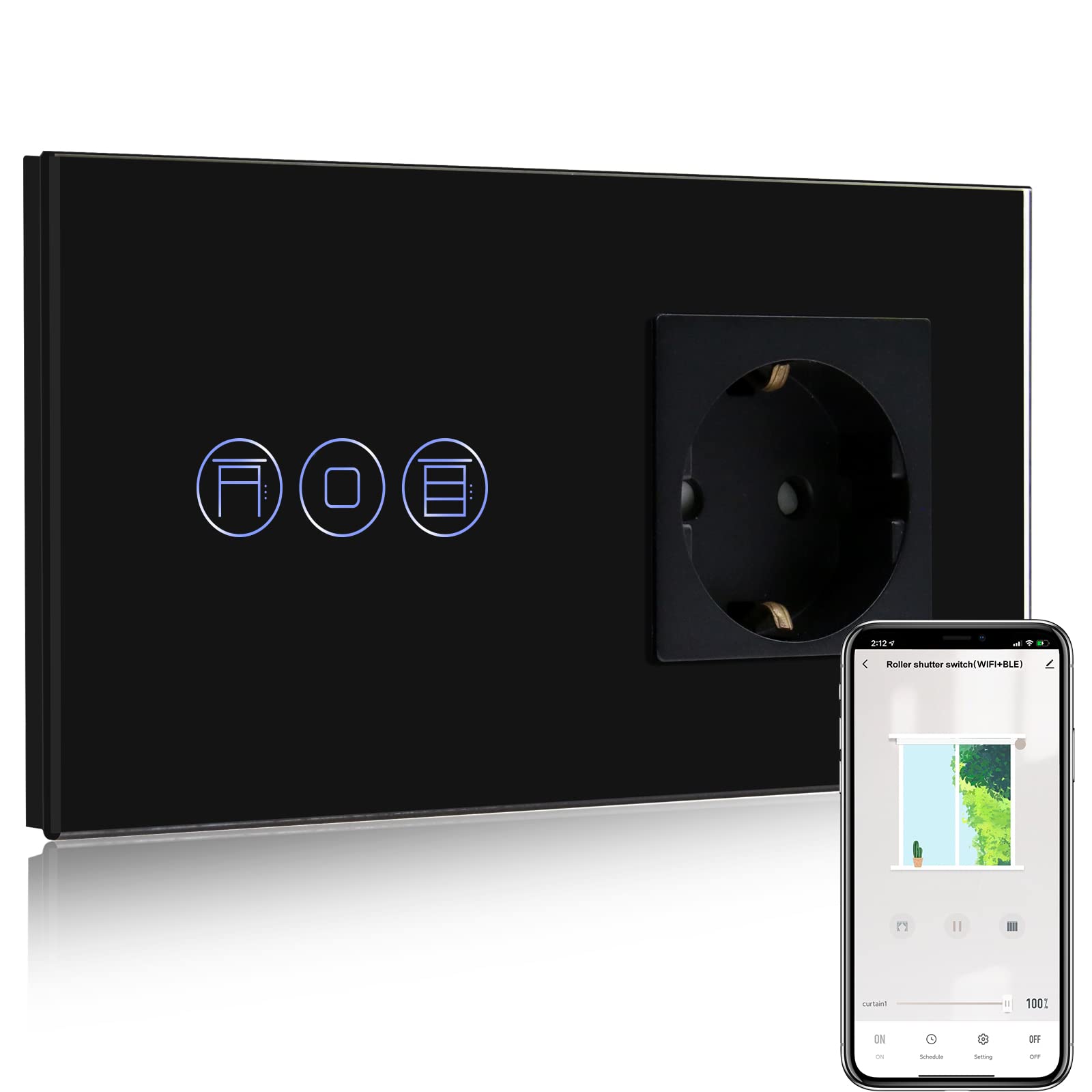 BSEED BSEED Normal Steckdose mit Smart Alexa Rolladenschalter, WIFI Rolladenschalter mit Steckdose Kompatibel mit Alexa,Google Home, Smart Jalousieschalter, Schuko Steckdose Schwarz(Nullleiter erforderlich)