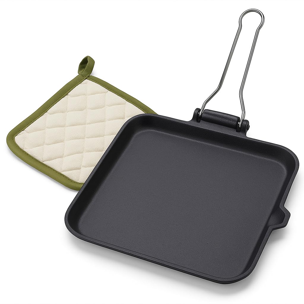 Bistecchiera Liscia in Ghisa con Manico Pieghevole + Presina Termica in Cotone – Piastra Rettangolare Antiaderente per Carne, Verdure e Griglia – Adatta a Gas, Forno e BBQ 24X24CM Ilsa
