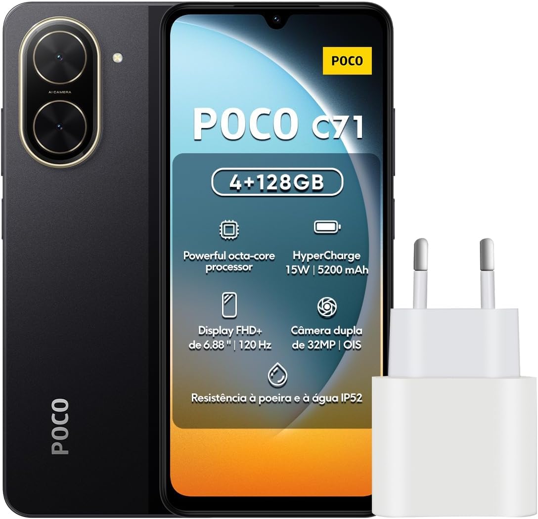XIAOMI Poco C71 Smartphone 4+128GB 6,88 Zoll Android 15 IPS LCD 120Hz Schwarz 600 Nits Unisoc T7250 Prozessor mit Ladegerät Ohne NFC