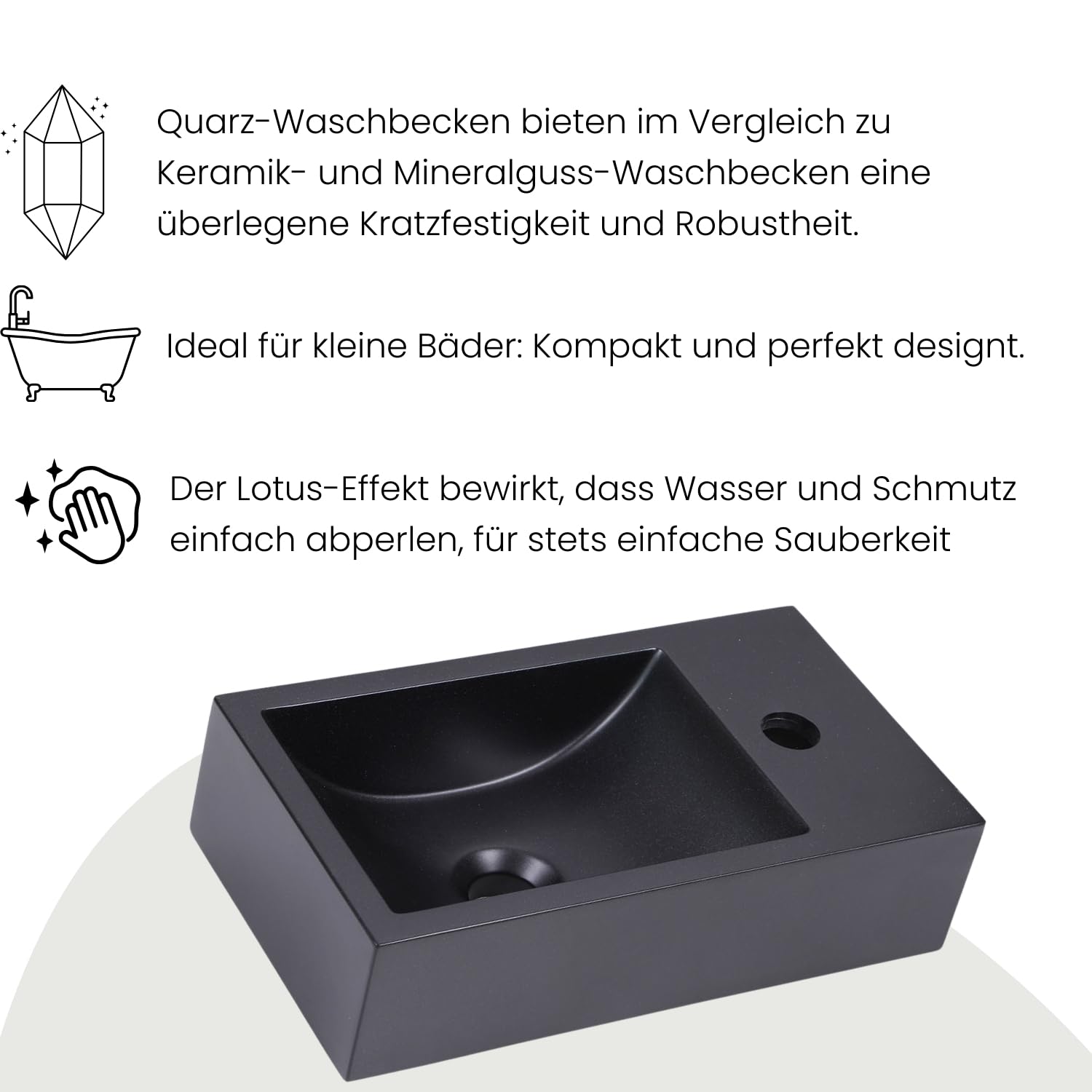 Gäste WC Waschbecken PARK 40x20 cm aus Mineralguss für Wandmontage oder Aufsatzwaschbecken mit Hahnloch Rechts, Waschbecken mit Lotus-Effekt