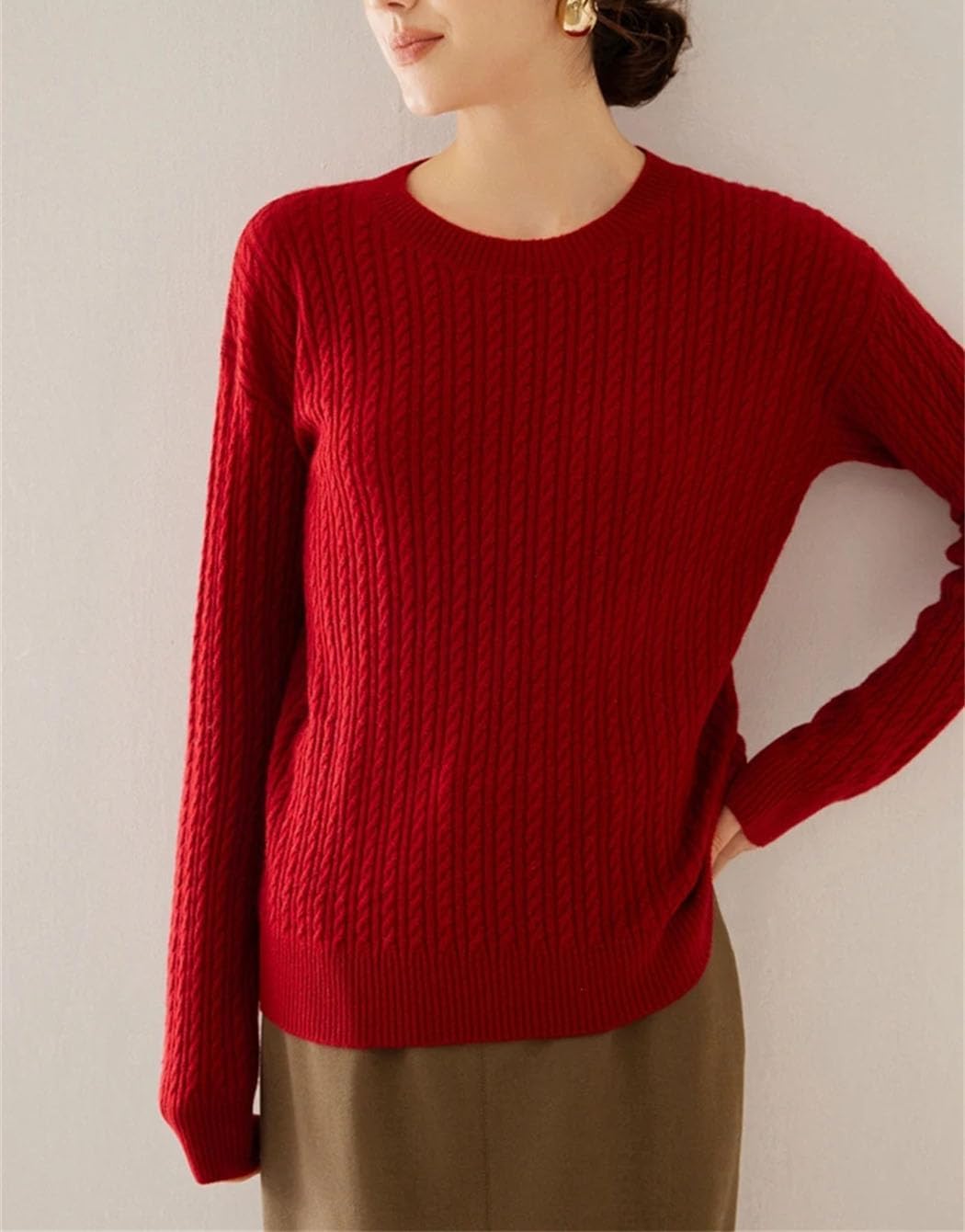 Women's Cashmere Sweater Crewneck Cable Knit Pullover Jumper Winter Basic Soft Thermal Sweatshirt